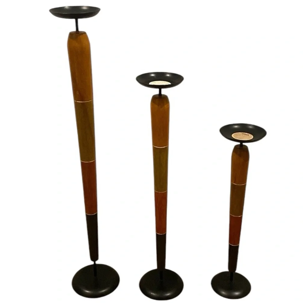 Pier 1 Imports Tall Wooden Candleholder Set (3)
